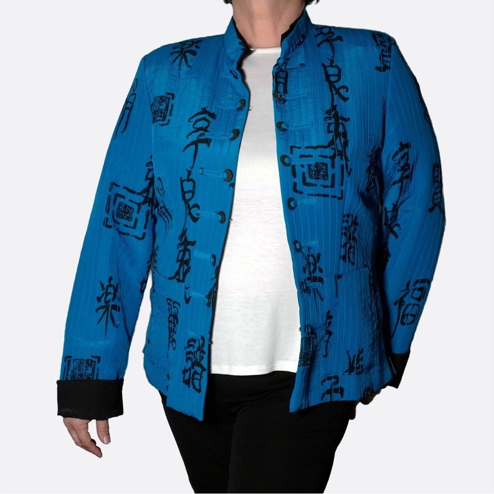Artisan Calligraphy Peacock‎ Blue Mandarin Quilted Coin Jacket Chinoiserie 1X XL